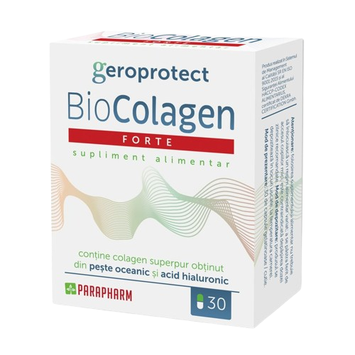 Parapharm product, a box of bio-collagen forte geroprotect capsules supplement, a dietary aid for promoting skin rejuvenation and firmness.