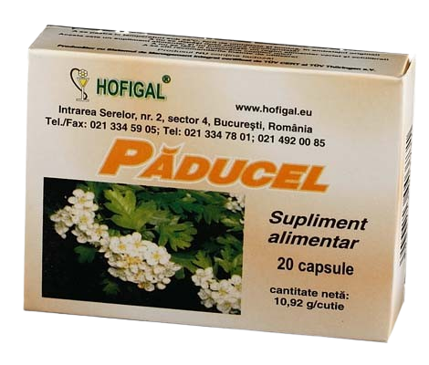 Hofigal product, a box of Păducel 20 capsules supplement, Natural skin treatment supplement with cardiotonic, vasodilatory, antioxidant, anticoagulant, and mild sedative properties.