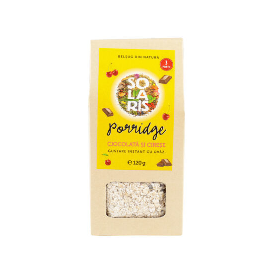 Mix de porridge Solaris cu ciocolată și cireșe: fulgi de ovăz, bucăți de ciocolată, cireșe liofilizate. Fără zahăr adăugat, ideal pentru micul dejun sau gustare hrănitoare. Sursă de fibre, carbohidrați complecși și proteine. Gust delicios și echilibrat pentru toate vârstele.