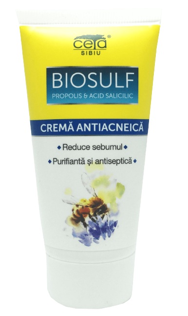 Anti-acne cream with sulfur, natural extracts of propolis and green tea, salicylic acid, vitamin E for sensitive and/or irritated skin