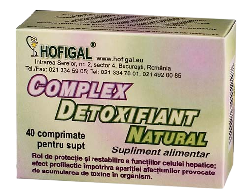 A box of 40 tablets of Complex Detoxifant Natural by Hofigal, designed to protect and restore liver cell functions against toxin accumulation.