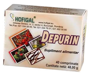 Box of 40 pills of depurin supplement by Hofigal: a powerful detoxifier that eliminates toxins and heavy metals, improves liver function, digestion, and intestinal transit, regulates body water, and supports normal cholesterol and glucose levels.