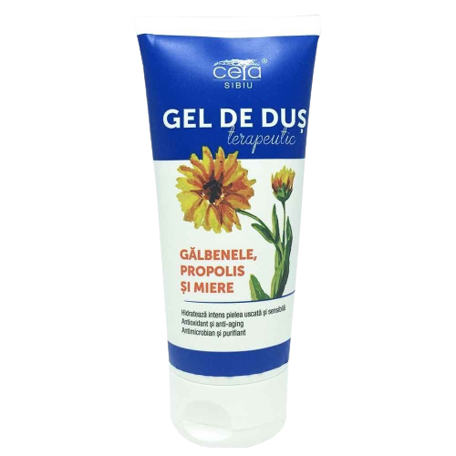 Gel de duș cu gălbenele, propolis, miere, bicarbonat, și fosfolipide