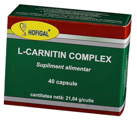 Dietary supplement with L-Carnitin Complex 40 capsules by Hofigal. Ideal for intense physical and intellectual activity, rapid weight loss diets, and strict long-term vegetarian diets.