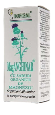 Hofigal product, a box of 40 pills of MagAnghinar, organic magnesium supplement for arthritis treatment, supports liver function and bile secretion.